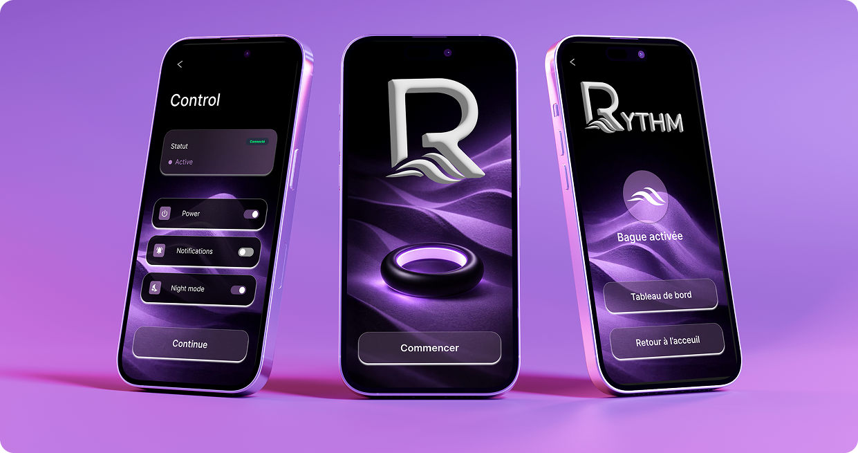 Écrans de l'application Rythm : contrôle, accueil et bague activée