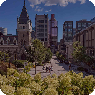 Rue de Montréal avec une église et des gratte-ciel